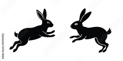 Rabbit Jumping High Flat Silhouette on White Background