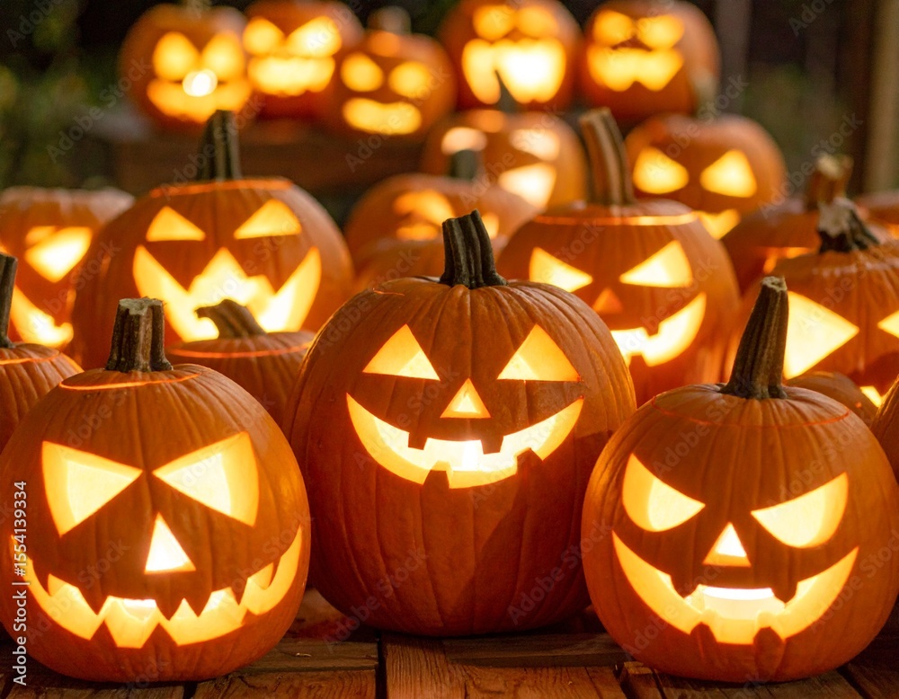 Fototapeta premium Close up of carved pumpkins with glowing interiors