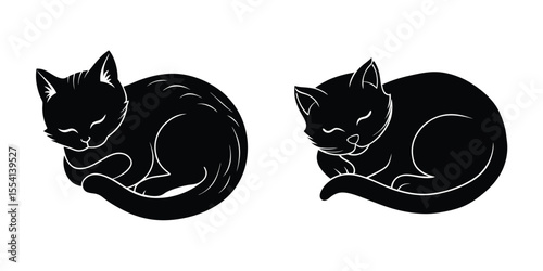 Sleeping Kitten Curled Up Flat Silhouette on White Background