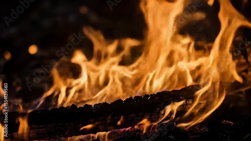 Close Up of an Orange and Yellow Flame Burning Wood With Dark Background Intense Heat and a Burning Campfire in the Darkness