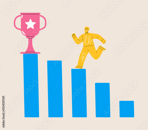 Step to successful. Man runs to the winning cup. Colorful vector illustration