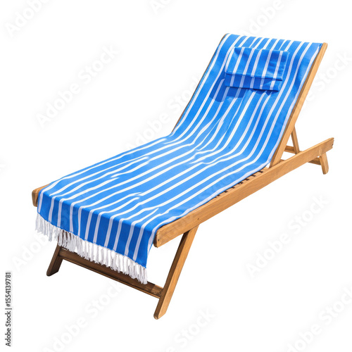 Wooden beach lounger with blue and white striped towel relaxation summer vacation isolated on a transparent background photo