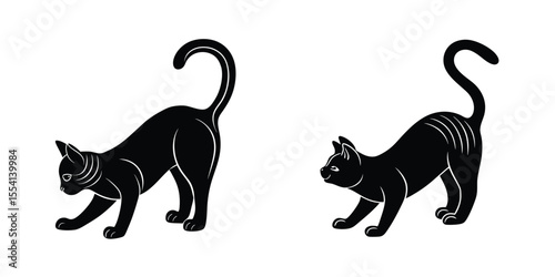 Stretching Cat Arching Back Flat Silhouette on White Background