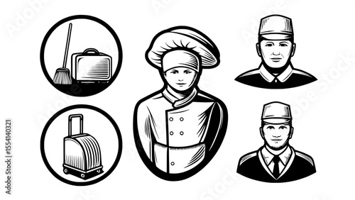 "Draw clean line icons for hospitality roles: hotel staff, cleaning service, chef, doorman, and security."

