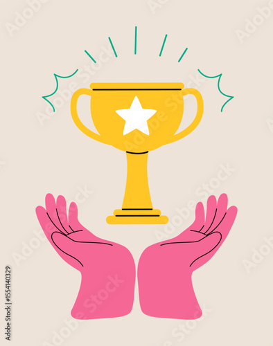 Hand of people celebrate the victory cup. Colorful vector illustration