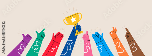 Celebrate winners with cup, many hands clapping, thumb up for celebration. Colorful vector illustration