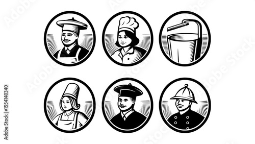 "Draw clean line icons for hospitality roles: hotel staff, cleaning service, chef, doorman, and security."

