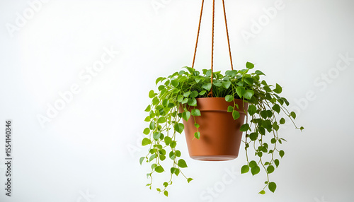 Fresh greenery adorns a serene space with a charming hanging plant in a terracotta pot against a clean, bright white wall.