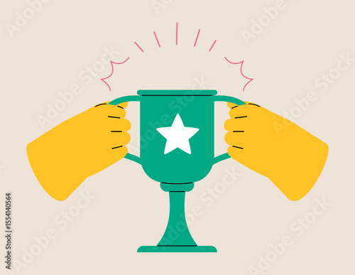 Two hands of people of holding a trophy cup. Colorful vector illustration