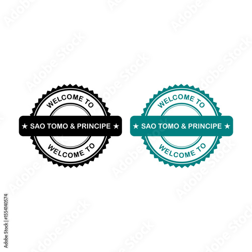"Welcome to Sao Tome & Principe" stamp design in black and teal, with stars and ornate border. Ideal for travel and island themes.