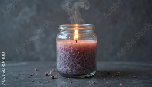 Aromatic candle burns brightly in a glass jar, casting a warm glow with light smoke rising above, creating a cozy ambiance.