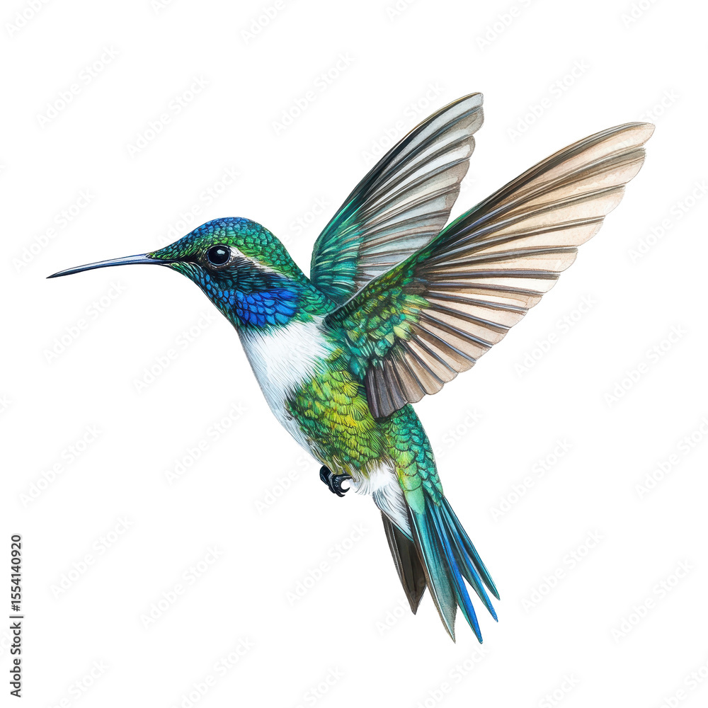 Obraz premium Vibrant Hummingbird in Flight Green Blue Wings Nature Wildlife Bird isolated on a transparent background