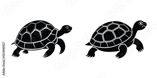 Turtle Walking Slowly Flat Silhouette on White Background