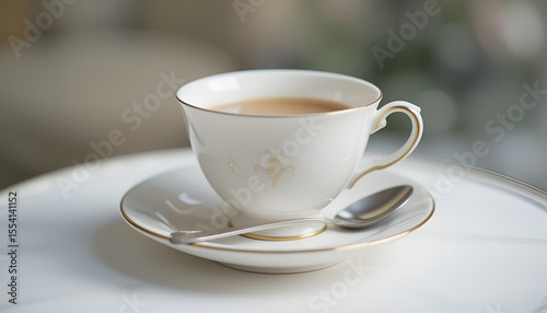 Creamy tea served in a delicate white cup on a saucer with a spoon, a moment of relaxation and pleasure.