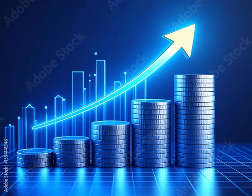 Golden arrow rising from stacked coins, symbolizing financial growth and investment 