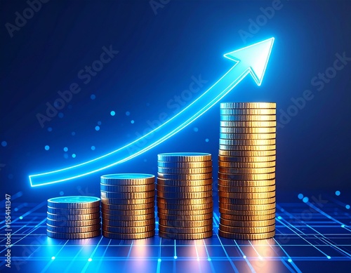 Golden arrow rising from stacked coins, symbolizing financial growth and investment 