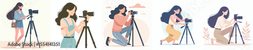Women Photographer Set – Stylish Girls with Tripod Cameras in Flat Vector Illustration for Content Creation