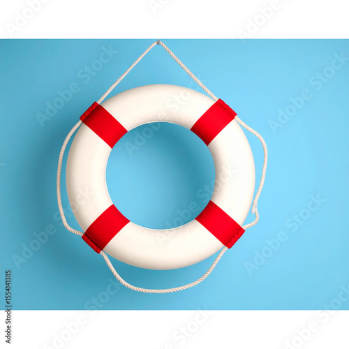 Red, white lifebuoy hangs against blue background. Safe water rescue symbol, maritime safety concept. Nautical equipment, summer vacation, sea travel theme, safety, tourism, vacation at ocean beach. 