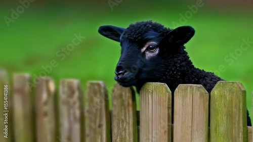 Curious black sheep looking across garden fence
