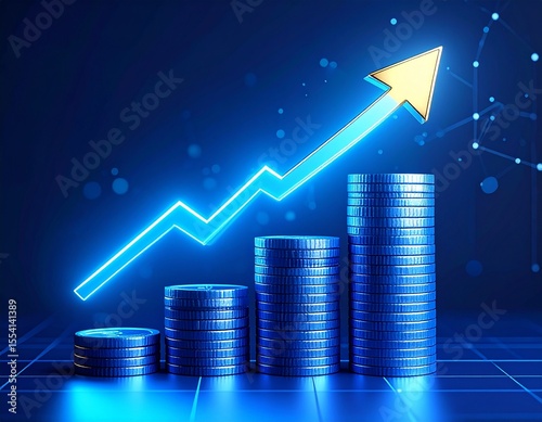 Golden arrow rising from stacked coins, symbolizing financial growth and investment 