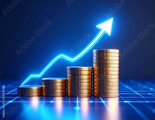 Golden arrow rising from stacked coins, symbolizing financial growth and investment 