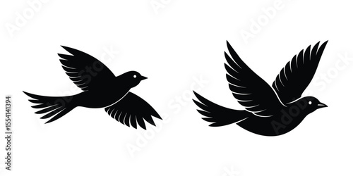 Bird Gliding Through Air Flat Silhouette on White Background