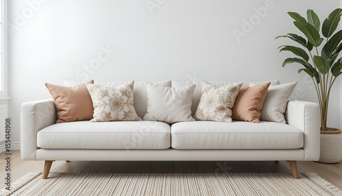Stylish white sofa complemented with patterned pillows creates a welcoming living room atmosphere, enhanced by a lush green houseplant.