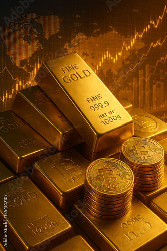Gold Bars, Bitcoin, and Financial Growth with Upward Graph