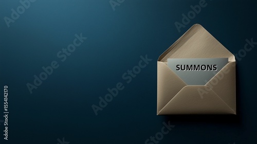 Open envelope and paper with the word SUMMONS, isolated, copy space. An order to appear to the court.