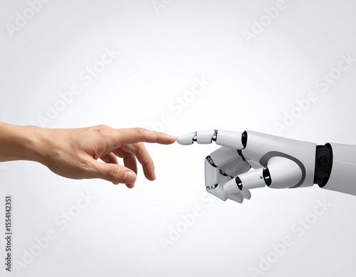 Human hand and robotic hand reaching out with fingers almost touching, inspired 