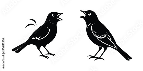 Bird Singing While Perched Flat Silhouette on White Background