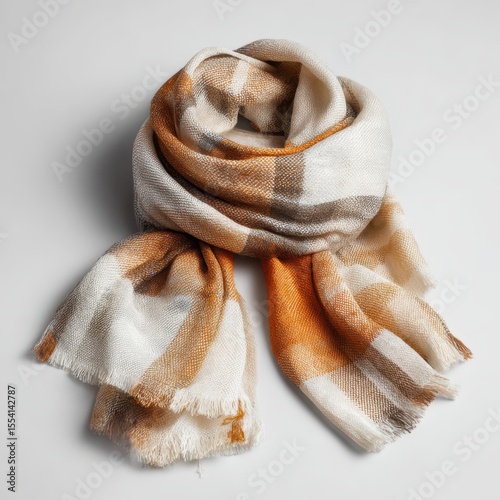 Beige checkered scarf on white background