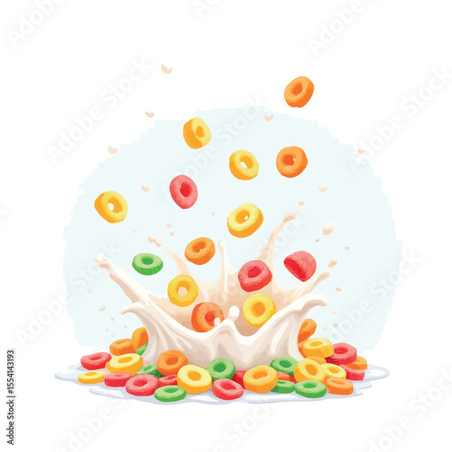 Vsai colorful cereal rings splashing into milk