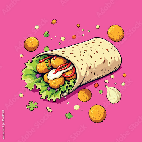 Vsai delicious wrap filled with nuggets, lettuce, and sauce on pink background