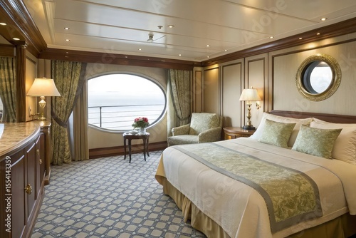 Luxurious cruise ship stateroom with ocean view and elegant decor