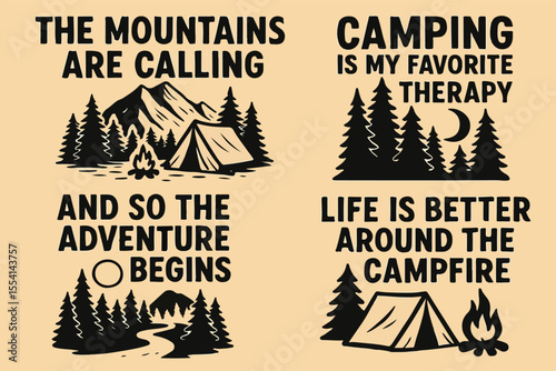 Outdoor adventure badge set with camping quotes and forest illustrations. Perfect for t-shirt designs, stickers, travel gear, or hiking-themed merchandise