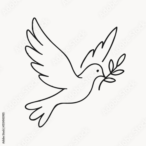 This charming vector image features a white dove in flight, holding an olive branch, symbolizing peace. Perfect for art enthusiasts, the high-quality line drawing suits tattoos, art prints, or digital
