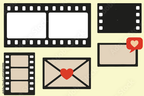 Trendy film strip frame template with empty slots, cinema reel with grunge grain noisy texture, vintage aesthetic design. Modern retro vector illustration isolated on transparent background