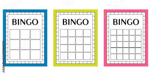Set of empty bingo cards with no numbers. Clean lotto gambling ticket templates. Vector illustrations of blank keno sheets for casino-themed games, lucky draw designs and betting concepts.
