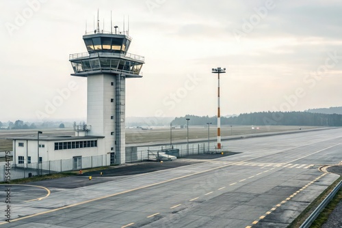 Modern airport control tower overseeing a runway on a misty morning