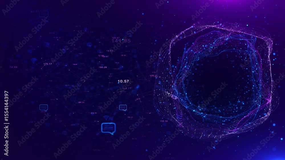 Digital circles of blue glowing dots. Big Data visualization into cyberspace digital circle interface on dark background, abstract technology theme, high-tech ring, cyber design, modern innovation