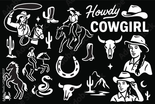 Western vector graphic set featuring cowgirls, horses, cacti, skulls, hats, boots, and "Howdy" & "Cowgirl" typography. Perfect for stickers, t-shirt designs, and other uses.
