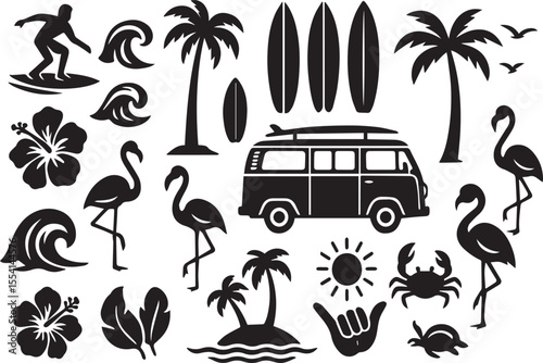 A tropical beach and surf-themed vector set with palm trees, waves, surfboards, a van, flamingos, and ocean elements with quotes, in a bold graphic style. Perfect for prints, posters, stickers
