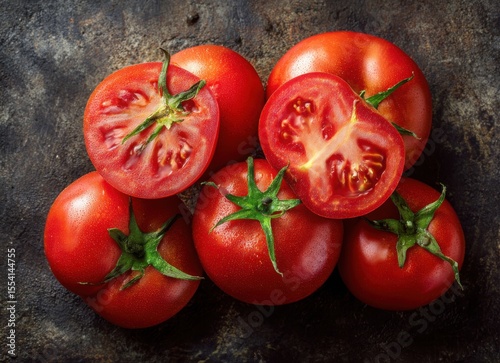 fresh tomatoes background top view with half cut tomato
