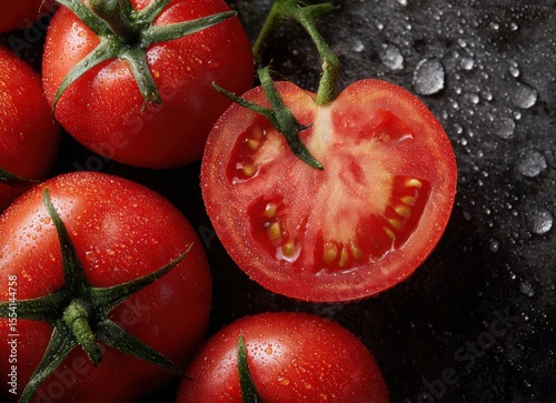 fresh tomatoes background top view with half cut tomato