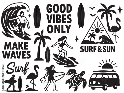 Vector graphic set with a tropical surf and sun theme illustrations. Including phrases such as "Make Waves", "Surf & Sun", "Paradise Beach Club", and "Good Vibes Only". Ideal for t-shirt print, poster