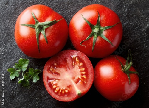fresh tomatoes background top view with half cut tomato