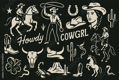 Western vector graphic set featuring cowgirls, horses, cacti, skulls, hats, boots, and "Howdy" & "Cowgirl" typography. Perfect for stickers, t-shirt designs, and other uses.
