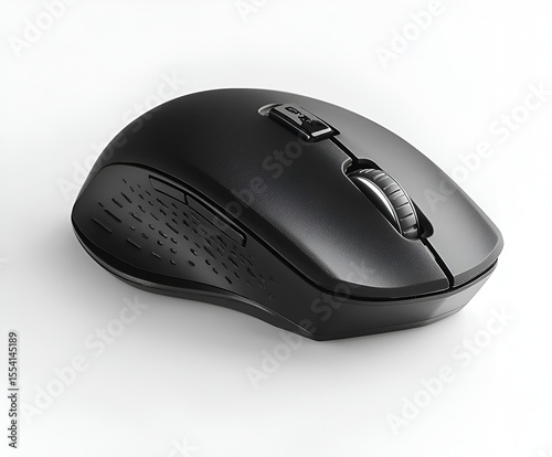 Black wireless computer mouse with scroll wheel and buttons, an isolated PC input device on a white background