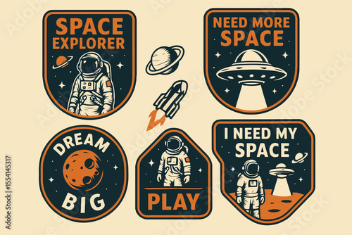 A collection of vintage space-themed badge illustrations with astronauts, rockets, planets, UFOs, and space exploration quotes. Perfect for stickers, patches, t-shirts, and other designs.